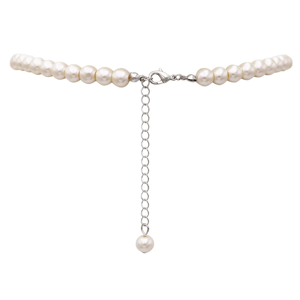 Simulated 8mm Glass Pearl Necklace Strand And Dangle Earrings Set, 16"-18" plus 3" Extender (Cream)