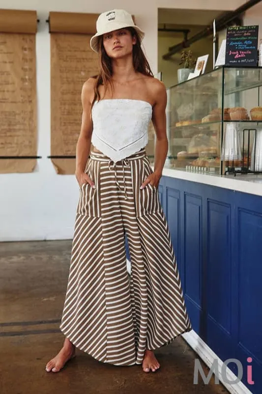 Spaghetti Tie Waist Stripe Print Wide Pants