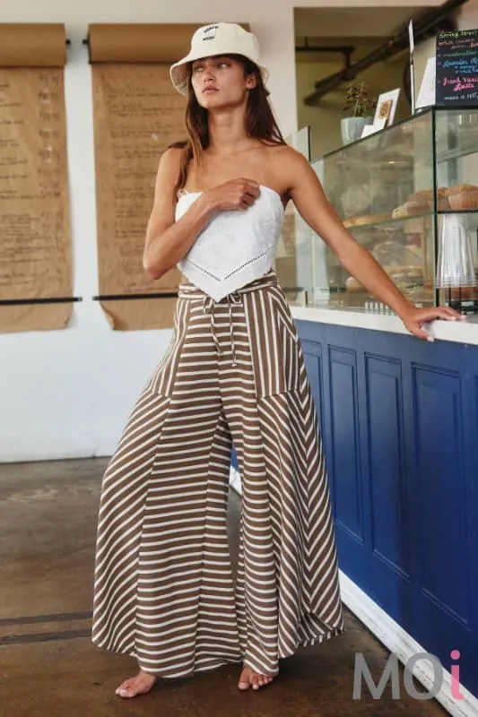 Spaghetti Tie Waist Stripe Print Wide Pants
