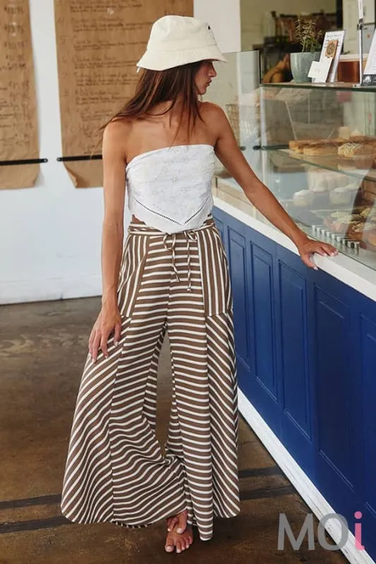Spaghetti Tie Waist Stripe Print Wide Pants