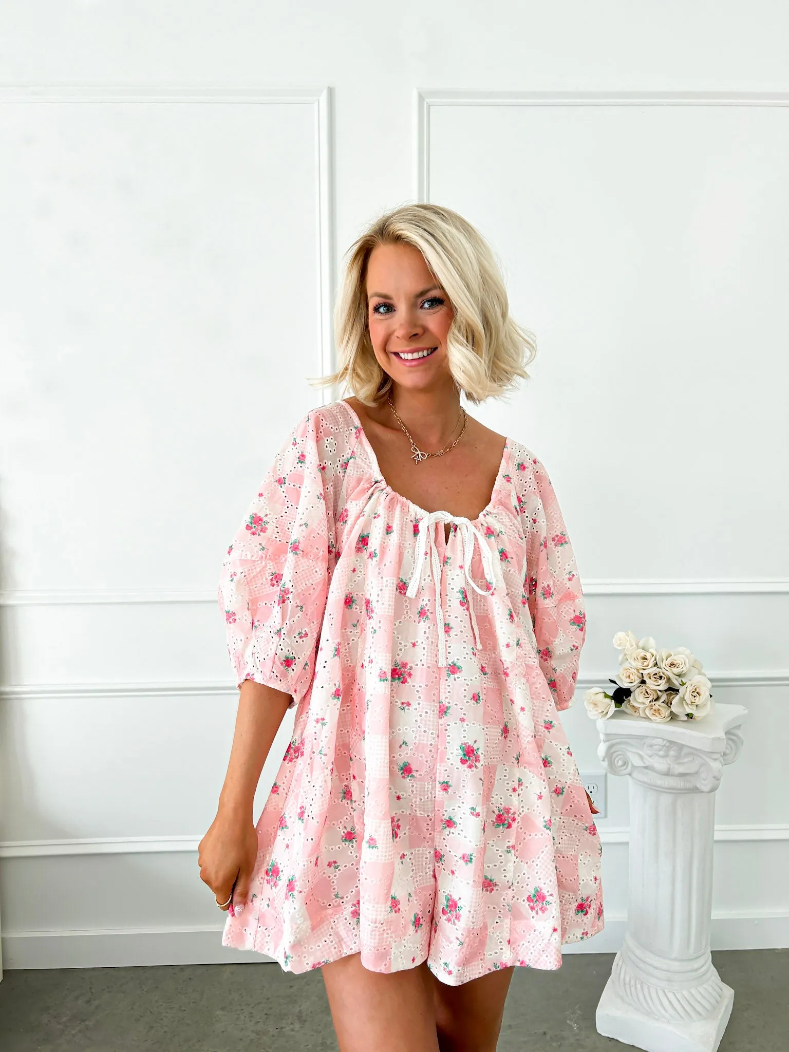 Spring In Bloom Floral Gingham Romper