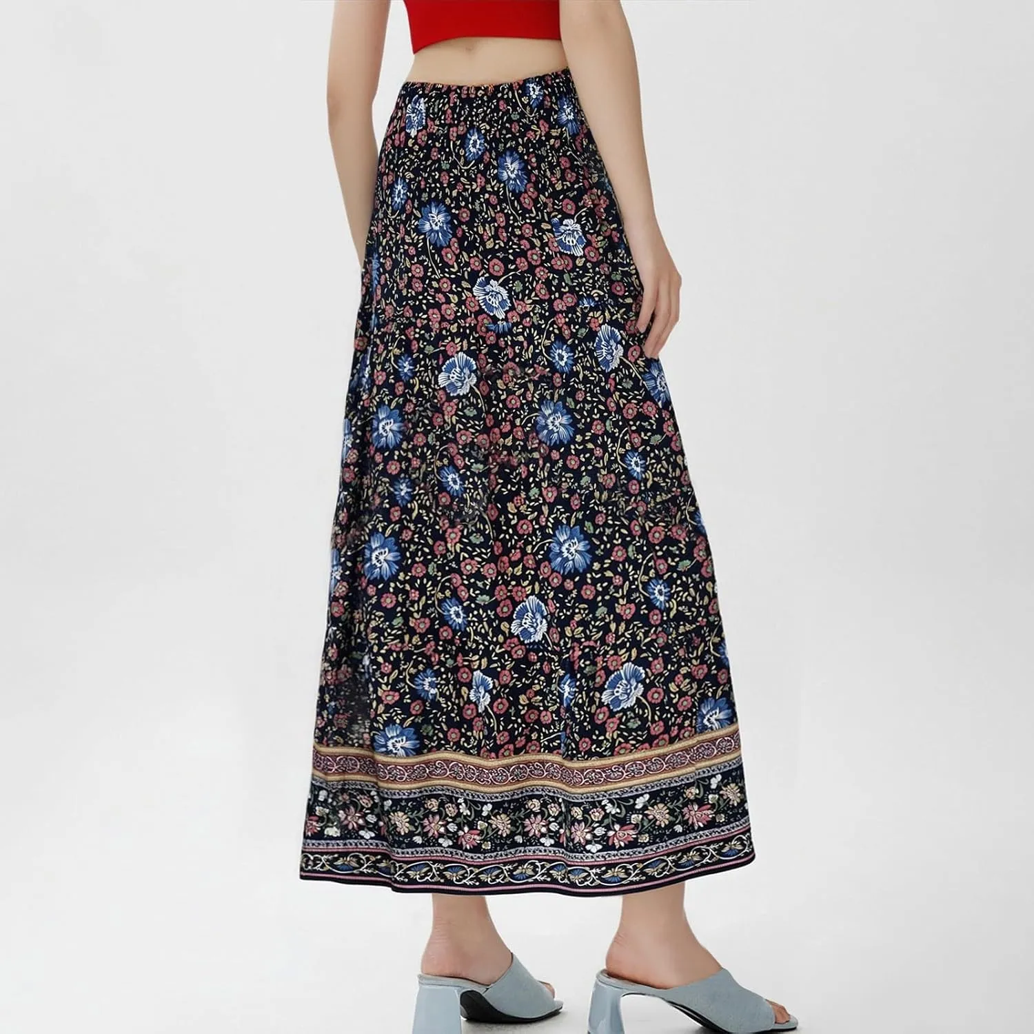 Summer Skirts for Women 2025 Loose Trendy Floral Print Elastic Waist Lightweight Boho Flowy Maxi Skirt, S-2XL