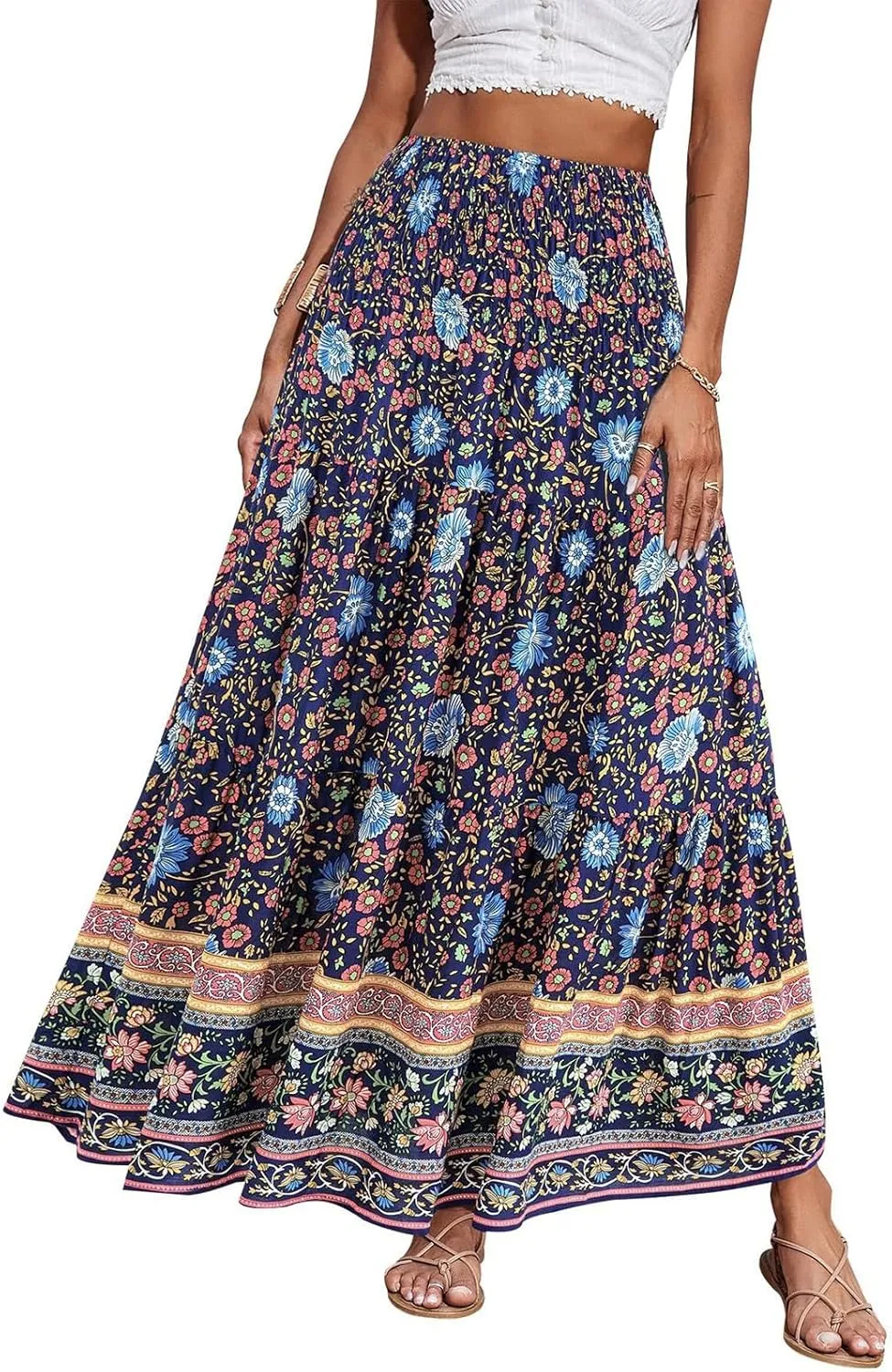 Summer Skirts for Women 2025 Loose Trendy Floral Print Elastic Waist Lightweight Boho Flowy Maxi Skirt, S-2XL