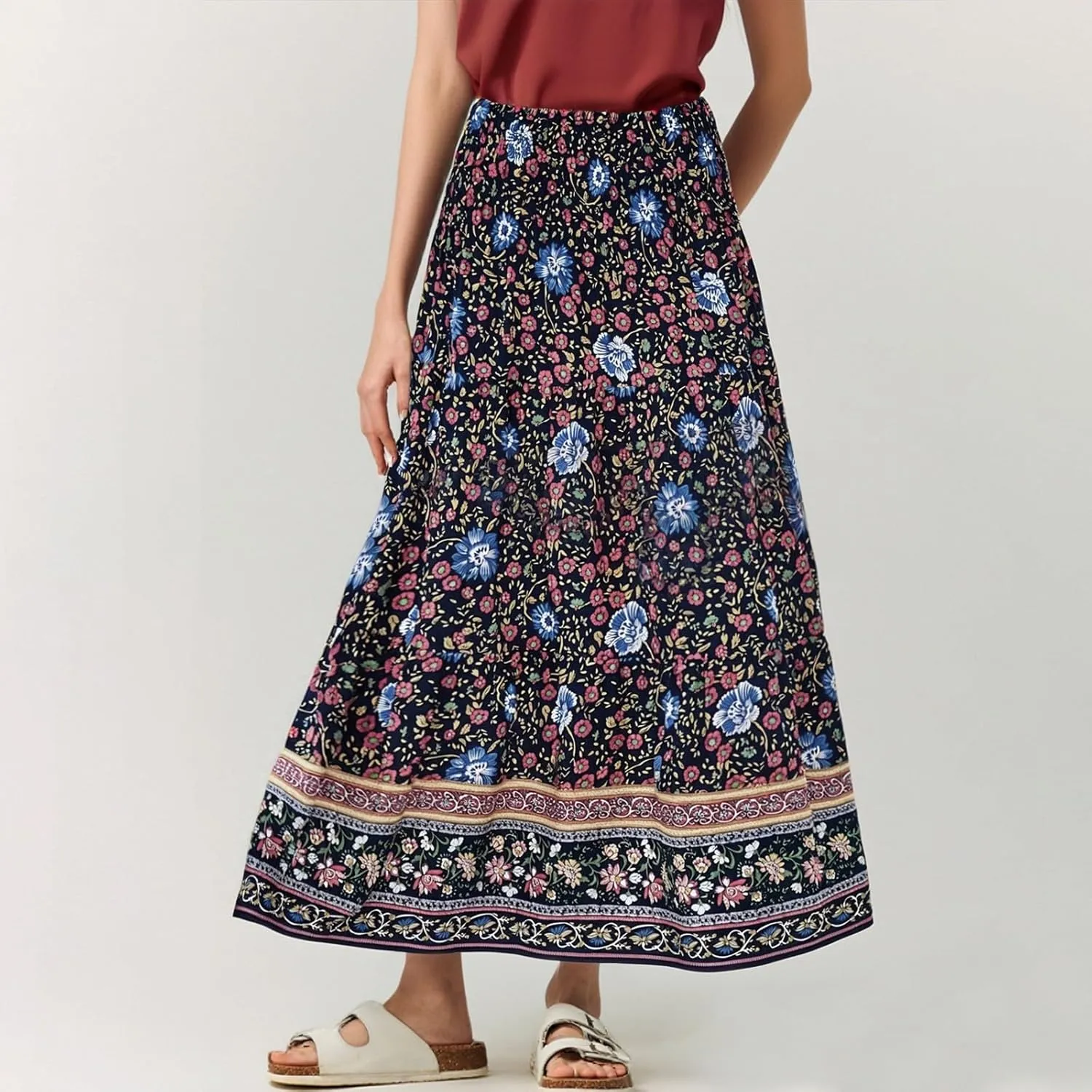 Summer Skirts for Women 2025 Loose Trendy Floral Print Elastic Waist Lightweight Boho Flowy Maxi Skirt, S-2XL