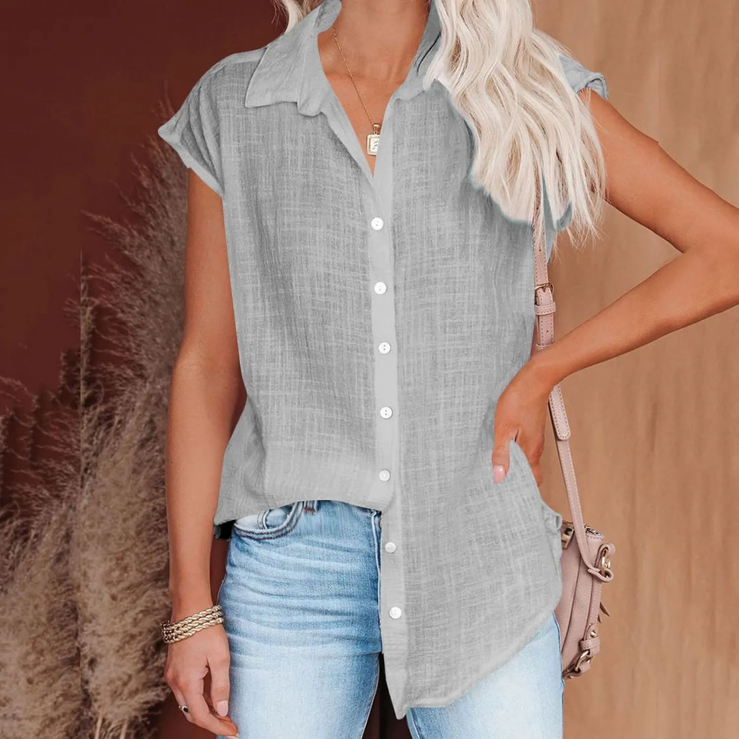 Summer Womens Button Down Cotton Linen Shirts V Neck Cap Sleeve Tank Blouses Loose Collared Shirt Casual Work Tops