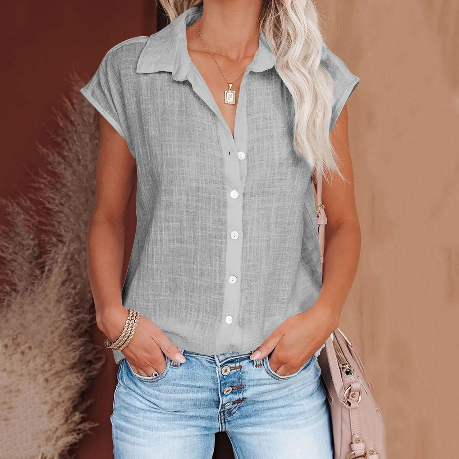 Summer Womens Button Down Cotton Linen Shirts V Neck Cap Sleeve Tank Blouses Loose Collared Shirt Casual Work Tops