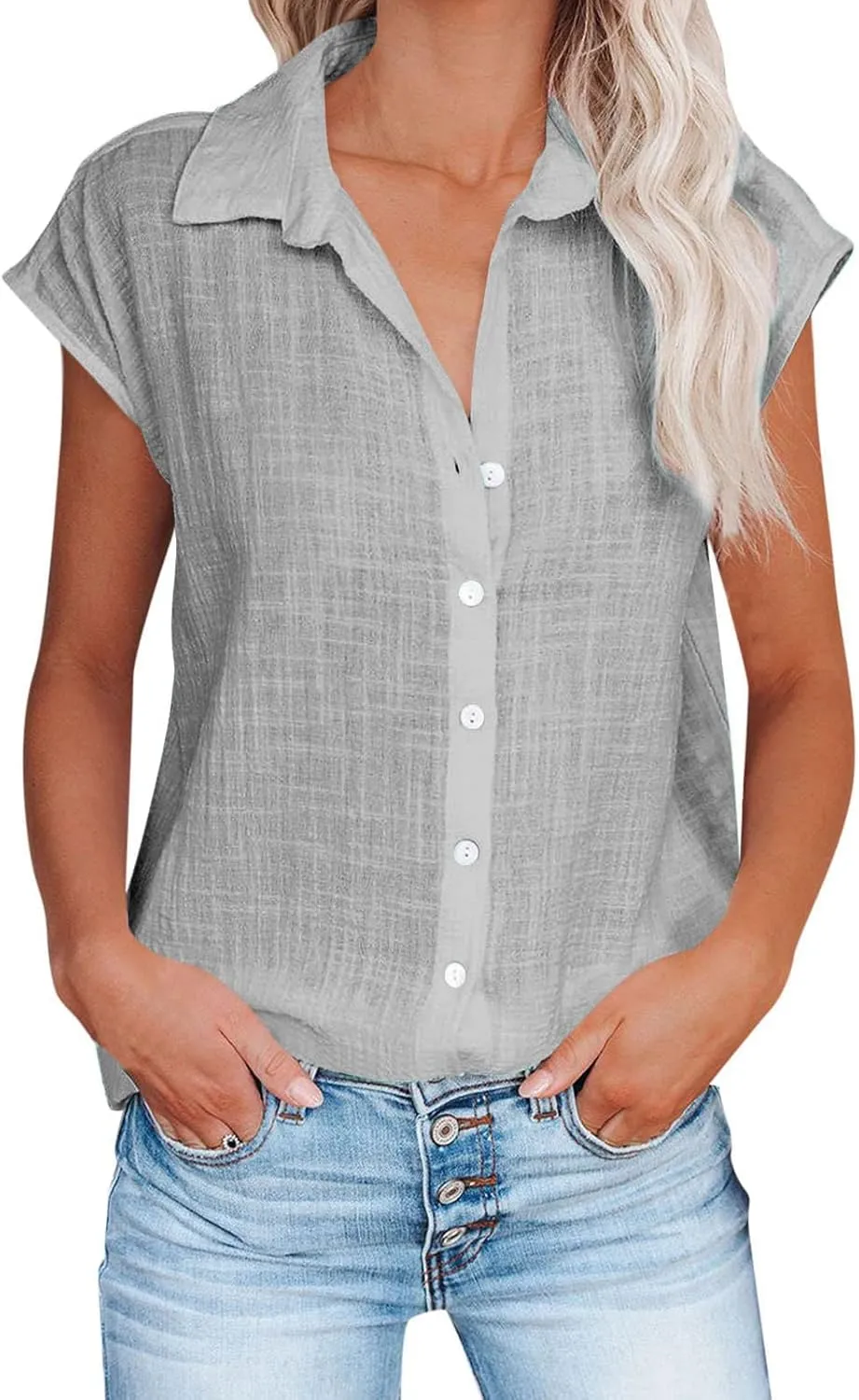 Summer Womens Button Down Cotton Linen Shirts V Neck Cap Sleeve Tank Blouses Loose Collared Shirt Casual Work Tops