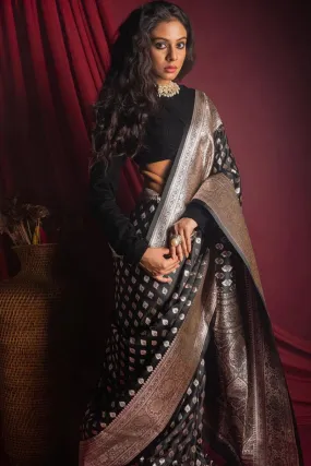 Susurrous Black Soft Silk Saree With Lassitude Blouse Piece