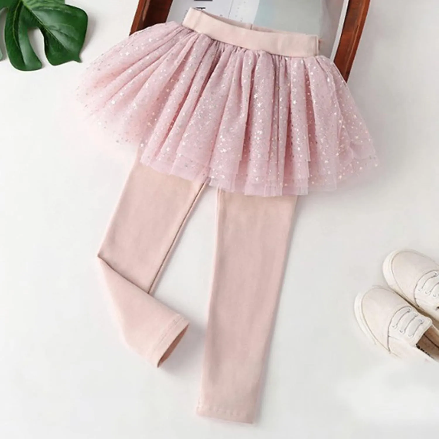 Toddler Girls Footless Leggings with Tutu Ruffle 𝐓winkle 𝐒𝐭ar Skirt Stretchy Cotton Pantskirt for Baby Girls