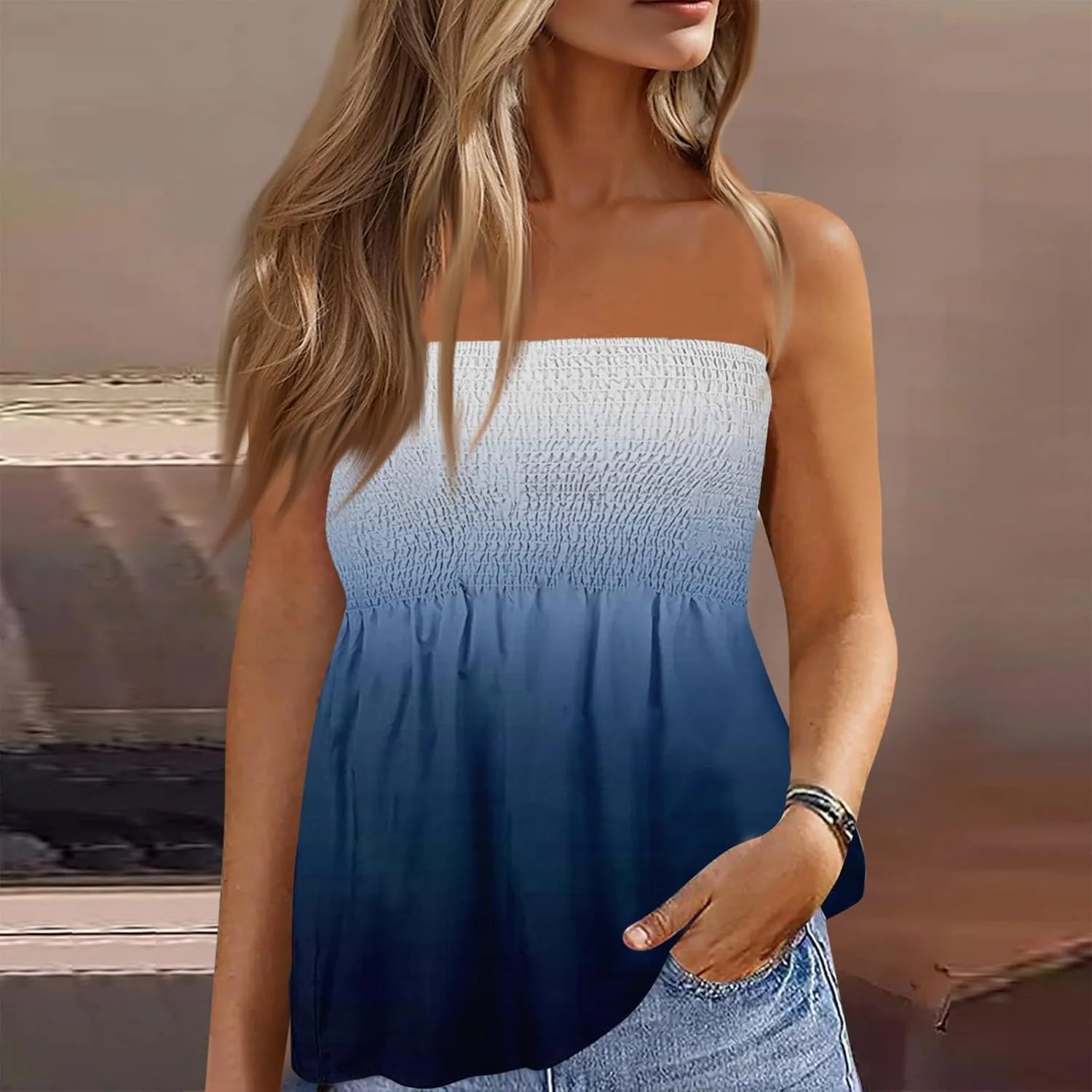 Tube Tops for Women Floral Print Sleeveless Tanks Strapless Smocked Ruffled Tube Tops Casual Lightweight Bandeau