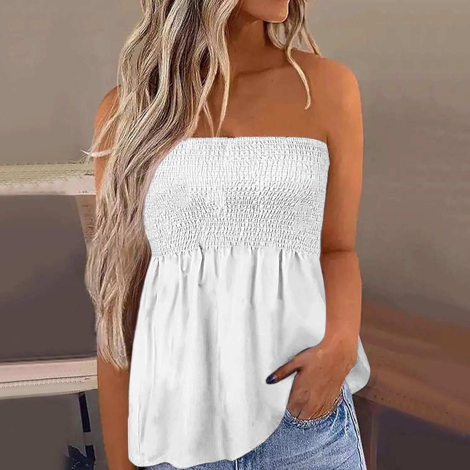 Tube Tops for Women Sleeveless Smocked Ruffled Tanks Strapless Floral Print Tube Tops Lightweight Sexy Bandeau
