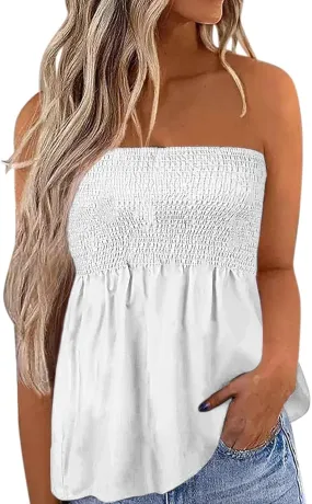 Tube Tops for Women Sleeveless Smocked Ruffled Tanks Strapless Floral Print Tube Tops Lightweight Sexy Bandeau