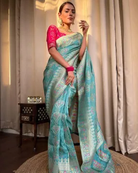 Vestigial Firozi Soft Silk Saree With Mesmerising Blouse Piece