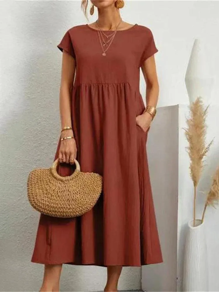 Vintage Solid Midi Dress: Retro Boho Chic Cotton & Linen Fashion Statement