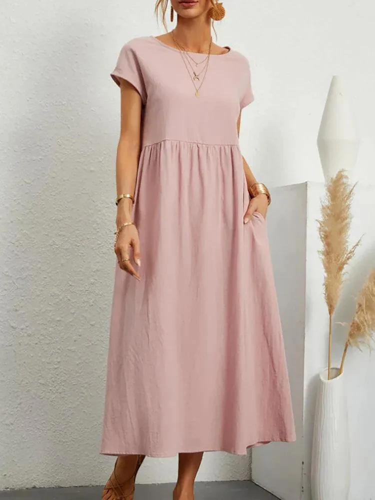 Vintage Solid Midi Dress: Retro Boho Chic Cotton & Linen Fashion Statement