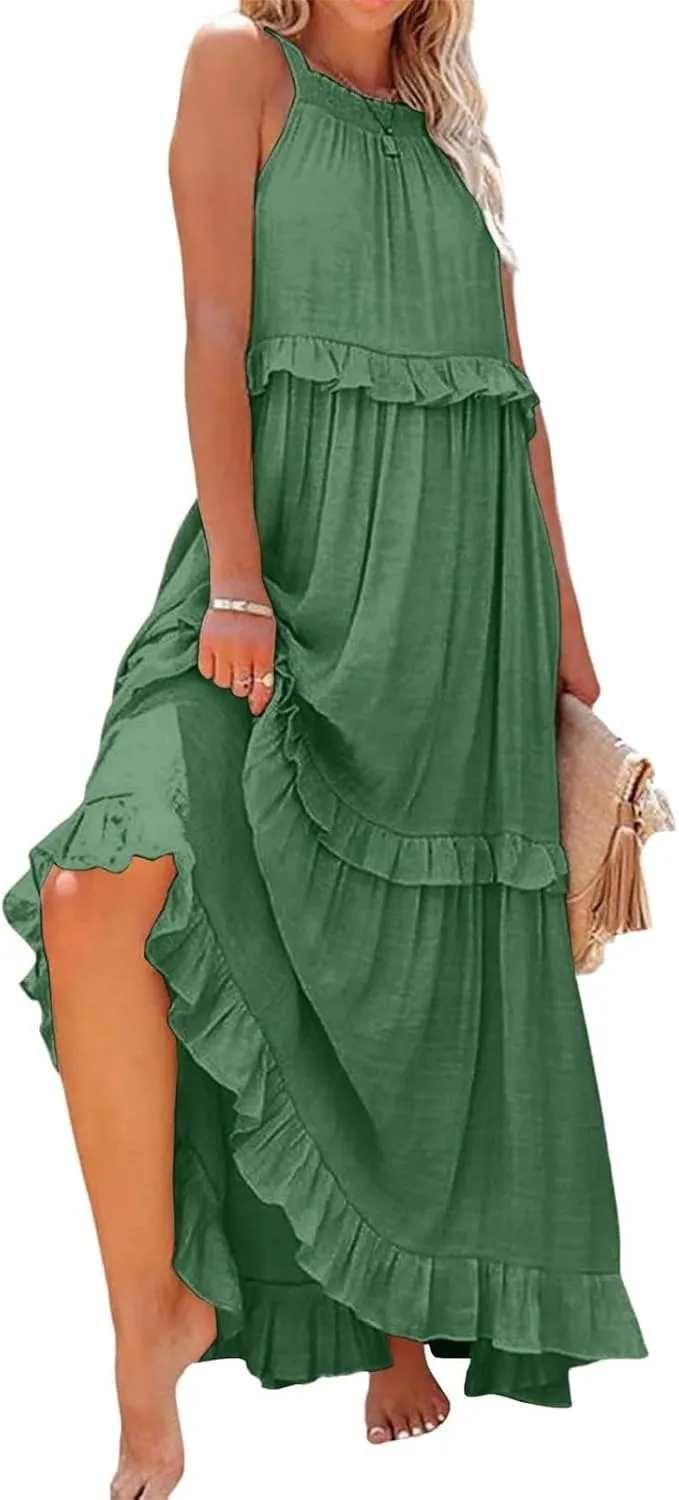 Wedding Gust Dresses for Women 2025 seleeveless Halter Smocked Ruffle Flowy Swing Maxi Dress