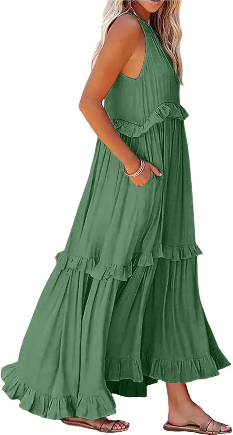 Wedding Gust Dresses for Women 2025 seleeveless Halter Smocked Ruffle Flowy Swing Maxi Dress
