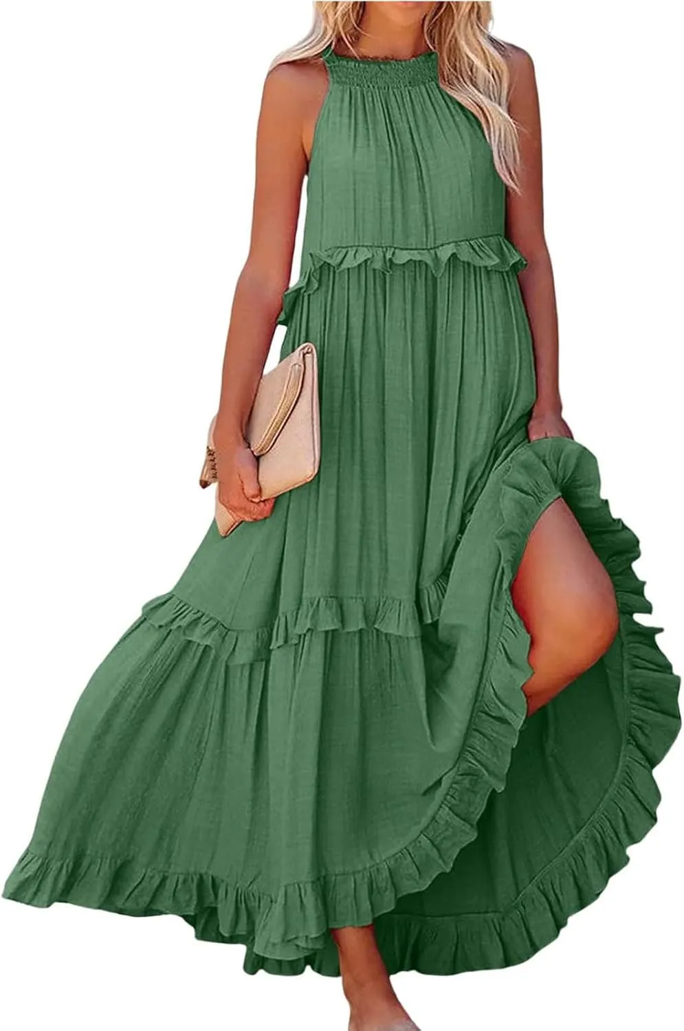 Wedding Gust Dresses for Women 2025 seleeveless Halter Smocked Ruffle Flowy Swing Maxi Dress