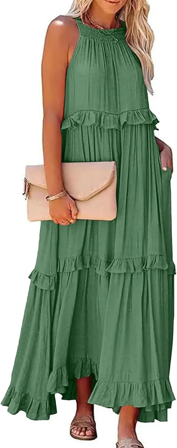 Wedding Gust Dresses for Women 2025 seleeveless Halter Smocked Ruffle Flowy Swing Maxi Dress