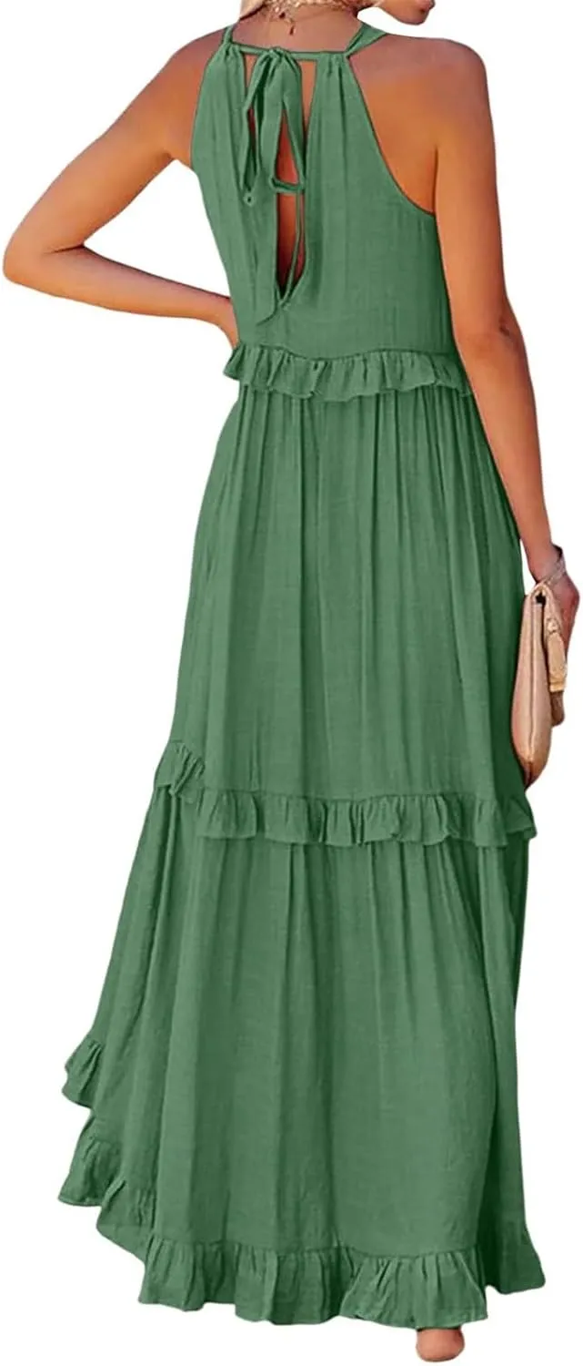 Wedding Gust Dresses for Women 2025 seleeveless Halter Smocked Ruffle Flowy Swing Maxi Dress