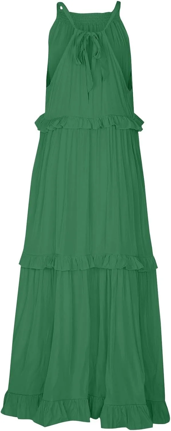 Wedding Gust Dresses for Women 2025 seleeveless Halter Smocked Ruffle Flowy Swing Maxi Dress