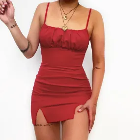 Wenkouban Women Sleeveless Double Split Dress Fashion Summer Solid Color Spaghetti Strap Mini Bodycon Dress Chic Ladies Pleated Sundress