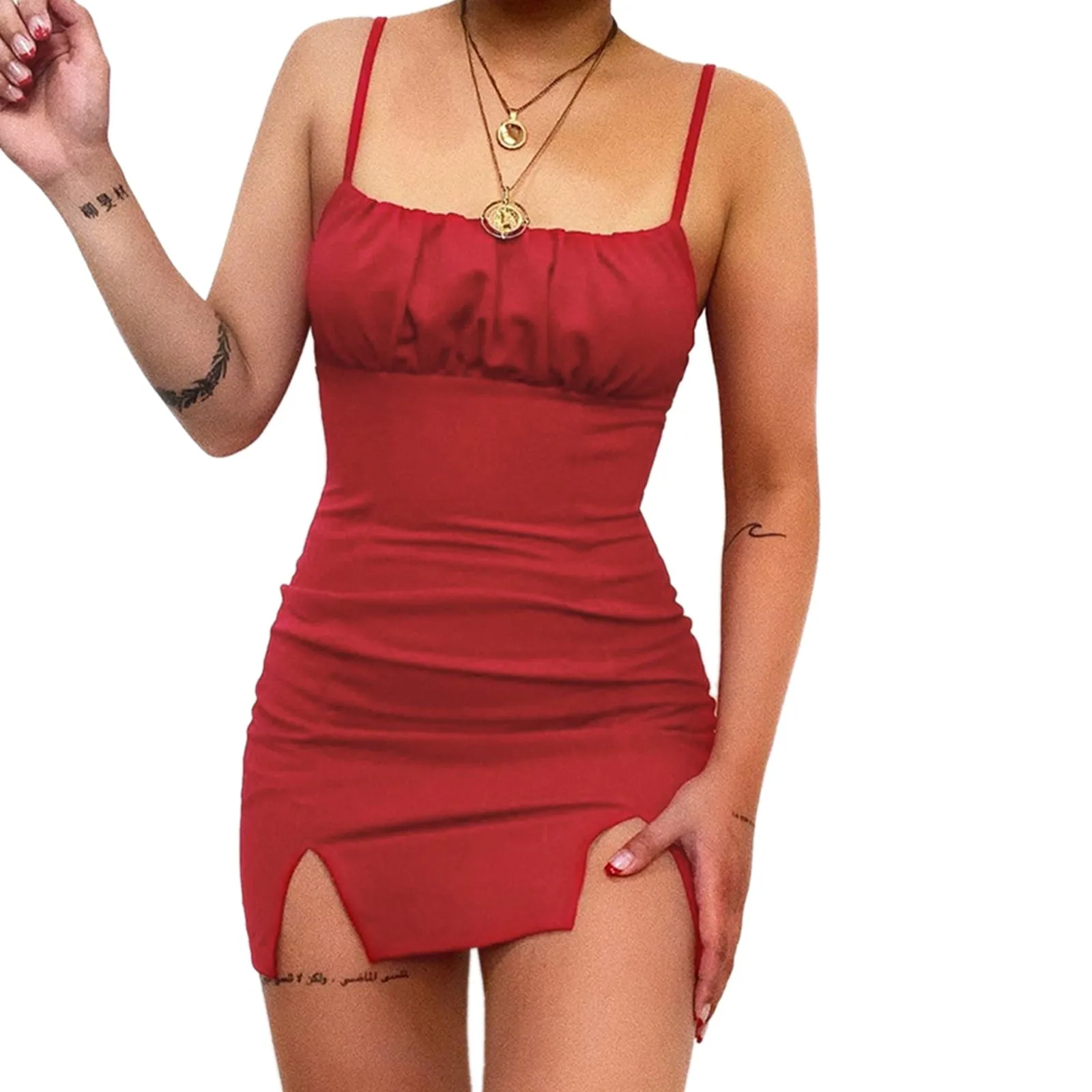 Wenkouban Women Sleeveless Double Split Dress Fashion Summer Solid Color Spaghetti Strap Mini Bodycon Dress Chic Ladies Pleated Sundress