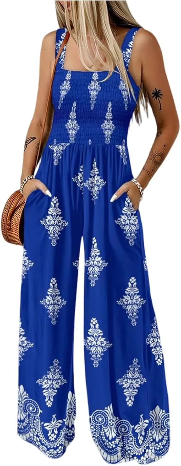 Wide Leg Jumpsuit Women Summer 2025 Rompers & Overalls Floral Comfy Short Sleeve Resort Wear Retro Jumpsuits