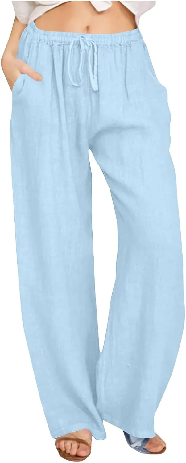 Women Cotton Linen Wide Leg Pants Solid Drawstring Elastic Waist Straight Leg Pants Soft Trousers with Pockets
