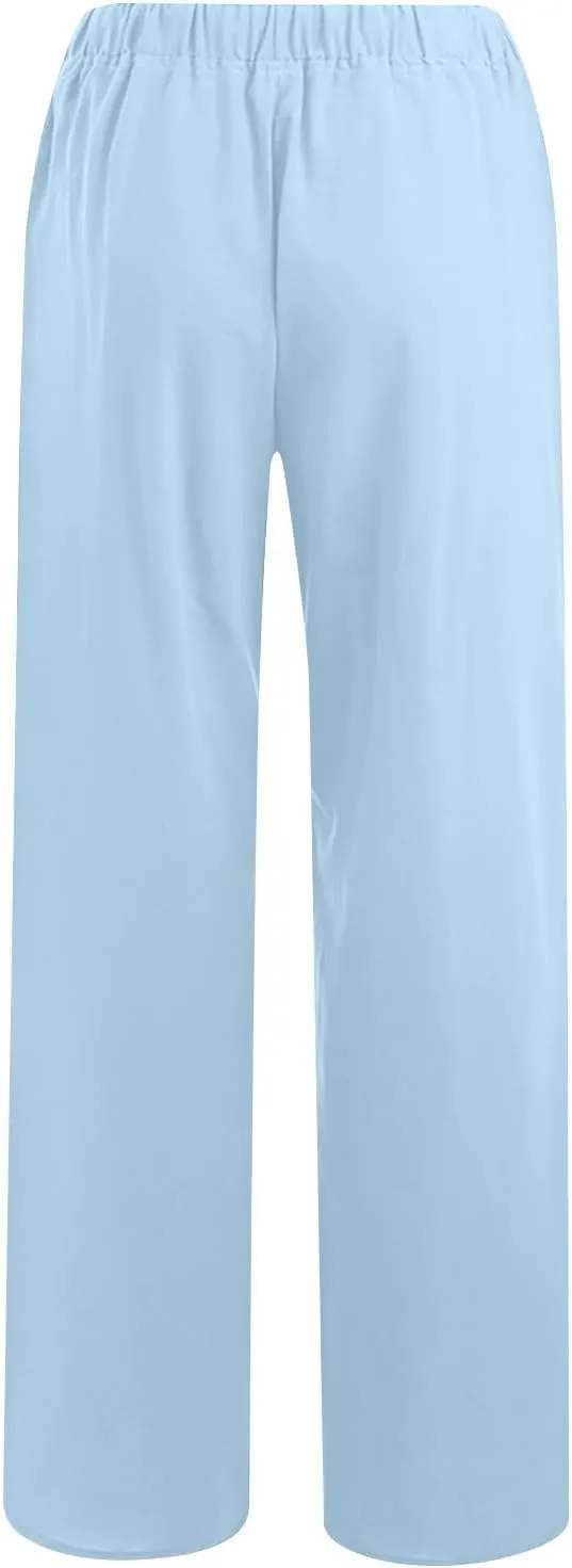 Women Cotton Linen Wide Leg Pants Solid Drawstring Elastic Waist Straight Leg Pants Soft Trousers with Pockets