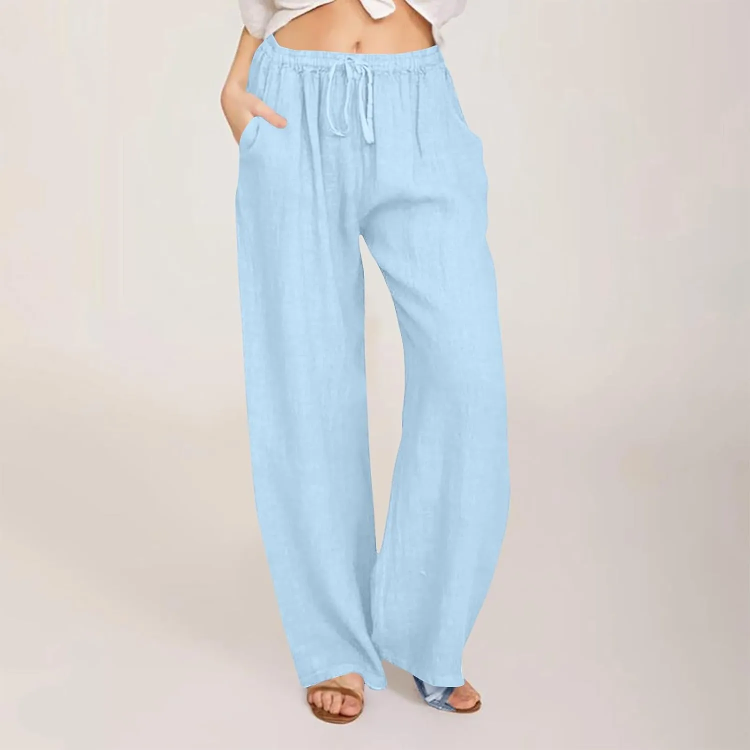 Women Cotton Linen Wide Leg Pants Solid Drawstring Elastic Waist Straight Leg Pants Soft Trousers with Pockets