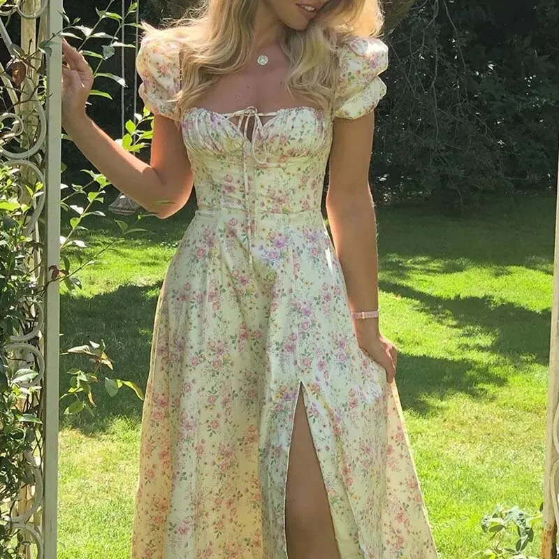 Women Floral Print Long Dress Summer Chic Short Sleeve Square Collar Split A Line Party Sundress Ladies Holiday Beach Vestidos