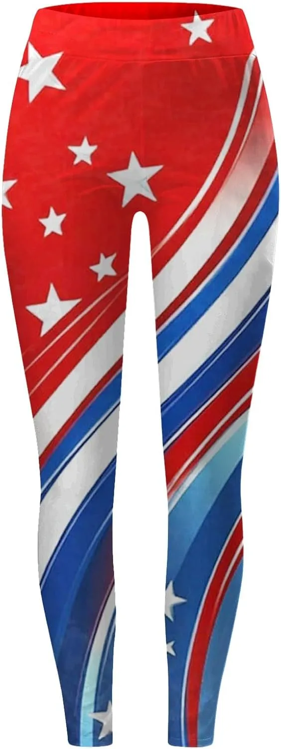 Women High Waist American Flag Leggings Soft Tummy Control Yoga Gym Fitness Pants Stripes Patriotic Tights