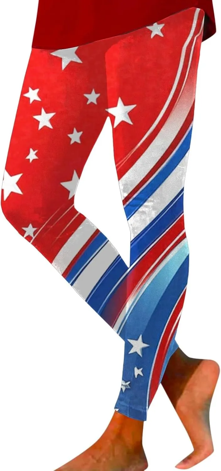 Women High Waist American Flag Leggings Soft Tummy Control Yoga Gym Fitness Pants Stripes Patriotic Tights