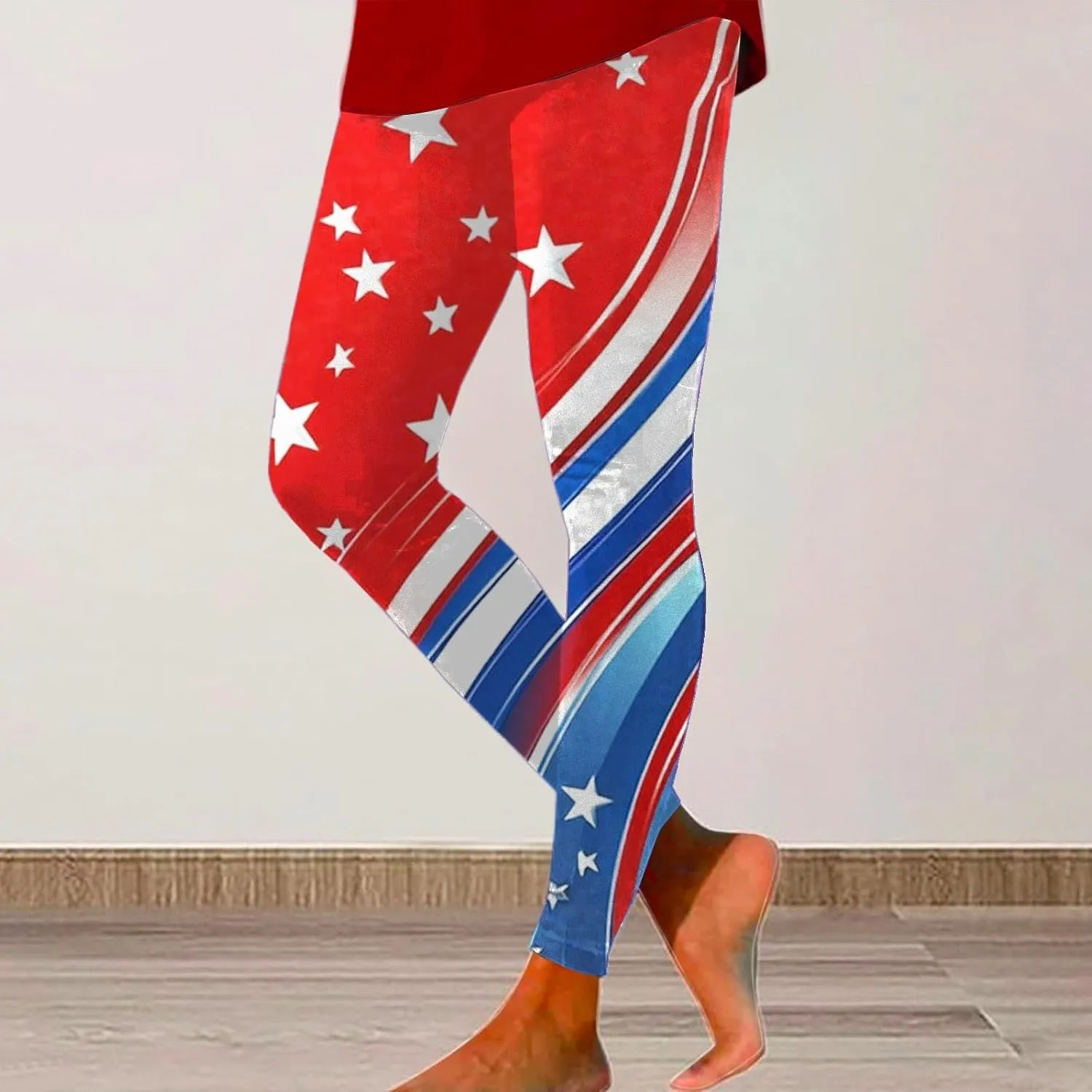 Women High Waist American Flag Leggings Soft Tummy Control Yoga Gym Fitness Pants Stripes Patriotic Tights