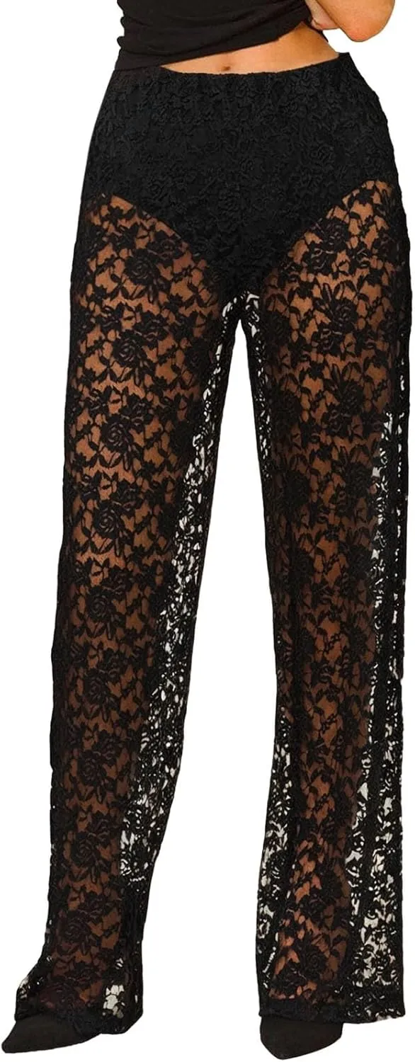 Women Sexy Lace See Through Pants Sheer Mesh Low Waist Stretchy Slim Trouser Hollow Out Straight Wide Leg Pants