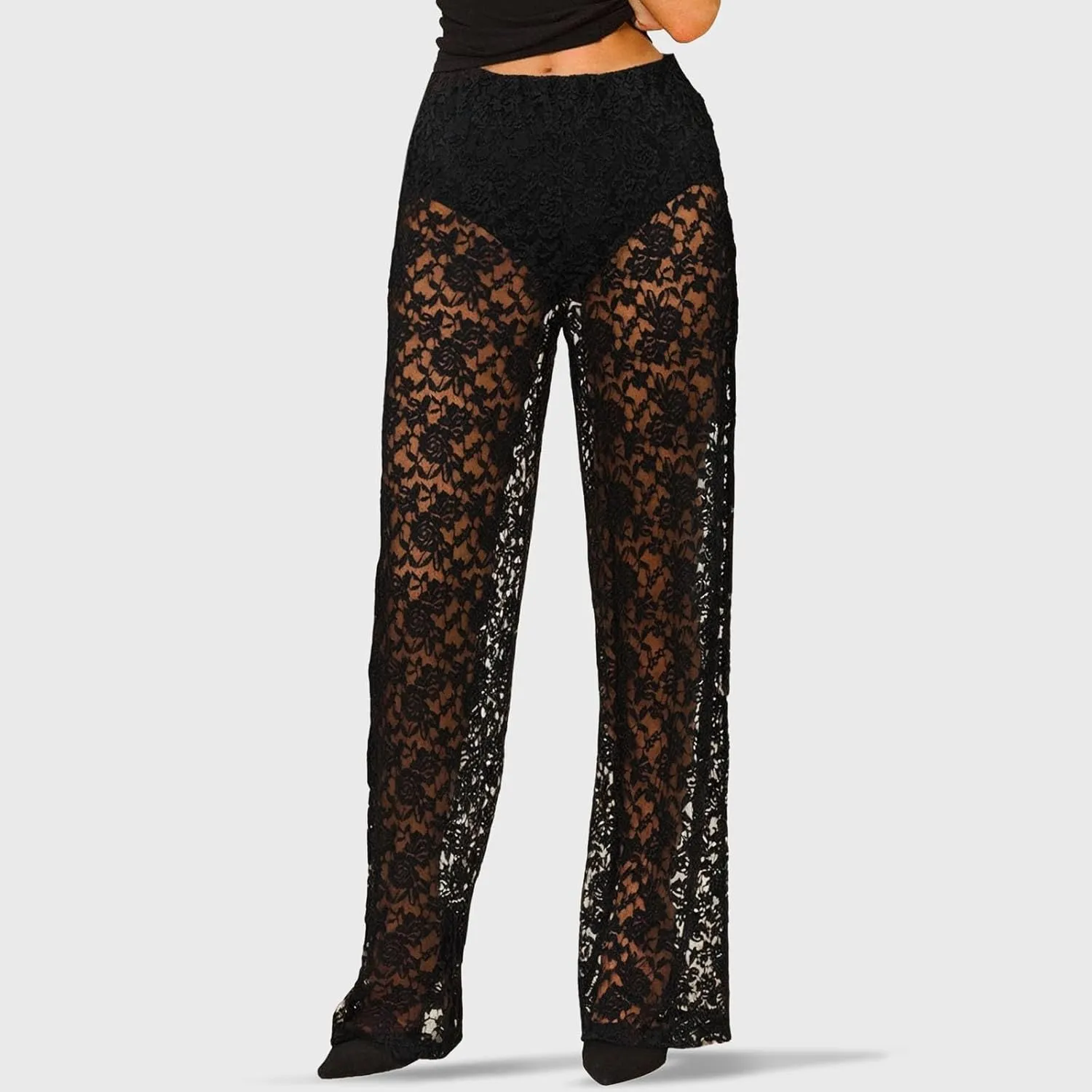 Women Sexy Lace See Through Pants Sheer Mesh Low Waist Stretchy Slim Trouser Hollow Out Straight Wide Leg Pants
