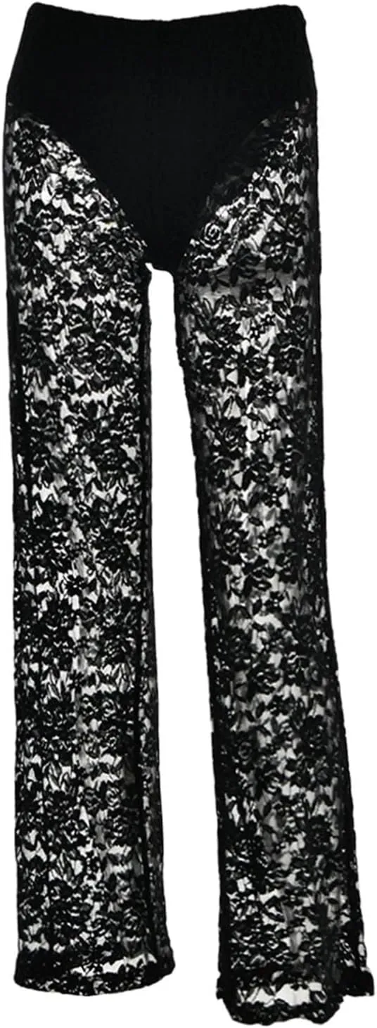 Women Sexy Lace See Through Pants Sheer Mesh Low Waist Stretchy Slim Trouser Hollow Out Straight Wide Leg Pants