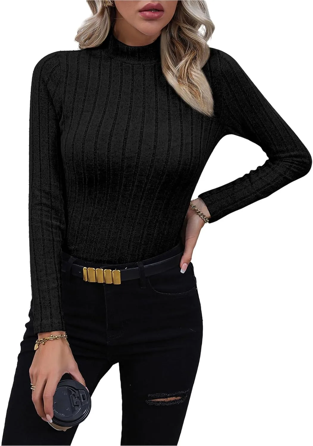Womens 2023 Fall Turtleneck Knit Sweater Long Sleeve Soft Classic Pullover Tops Ribbed Casual Fit Solid Outerwear