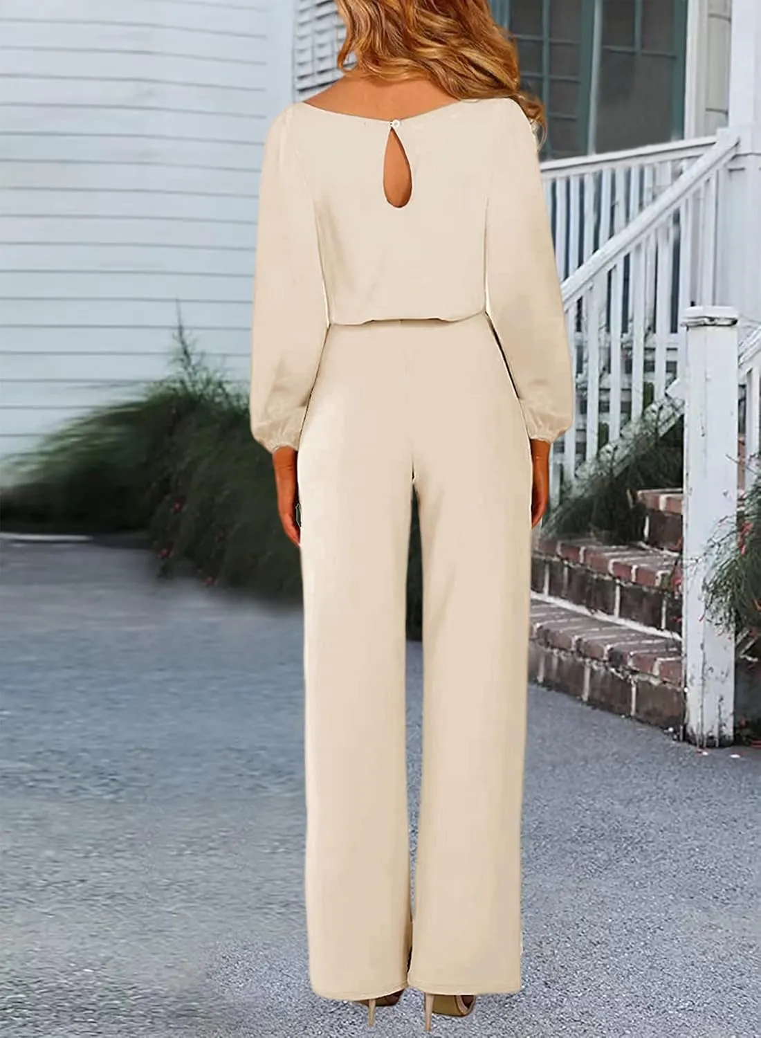 Women’s Casual Jumpsuits Loose Fit Belted Dressy Long Sleeve Crewneck Autumn Jumpsuit Long Wide Legs Formal Rompers