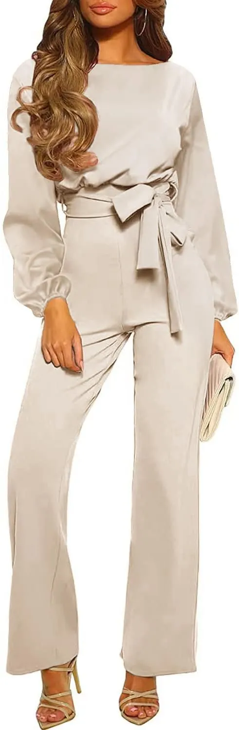 Women’s Casual Jumpsuits Loose Fit Belted Dressy Long Sleeve Crewneck Autumn Jumpsuit Long Wide Legs Formal Rompers