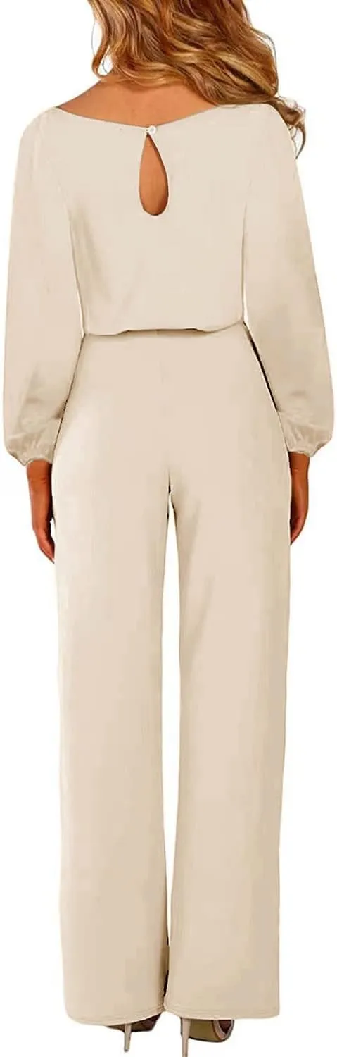 Women’s Casual Jumpsuits Loose Fit Belted Dressy Long Sleeve Crewneck Autumn Jumpsuit Long Wide Legs Formal Rompers