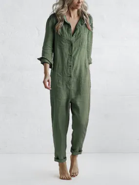 Women's Casual Long Sleeve Plain Jumpsuit with Buttons | Ideal for Spring/Summer
