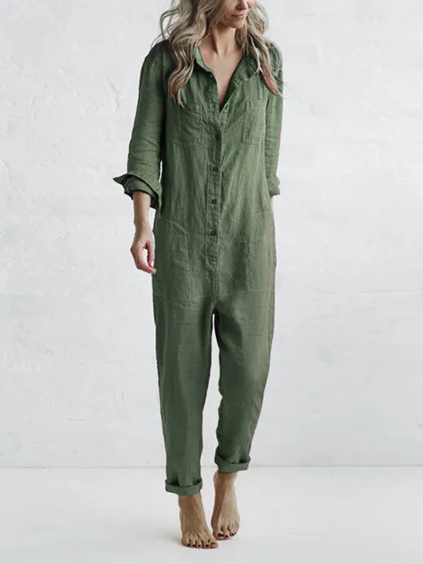 Women's Casual Long Sleeve Plain Jumpsuit with Buttons | Ideal for Spring/Summer