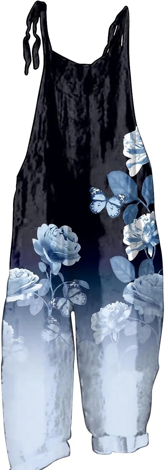 Women's Casual Loose Jumpsuits Harem Long Pants Romper Floral Print Overalls Summer Trendy Outfits for Women