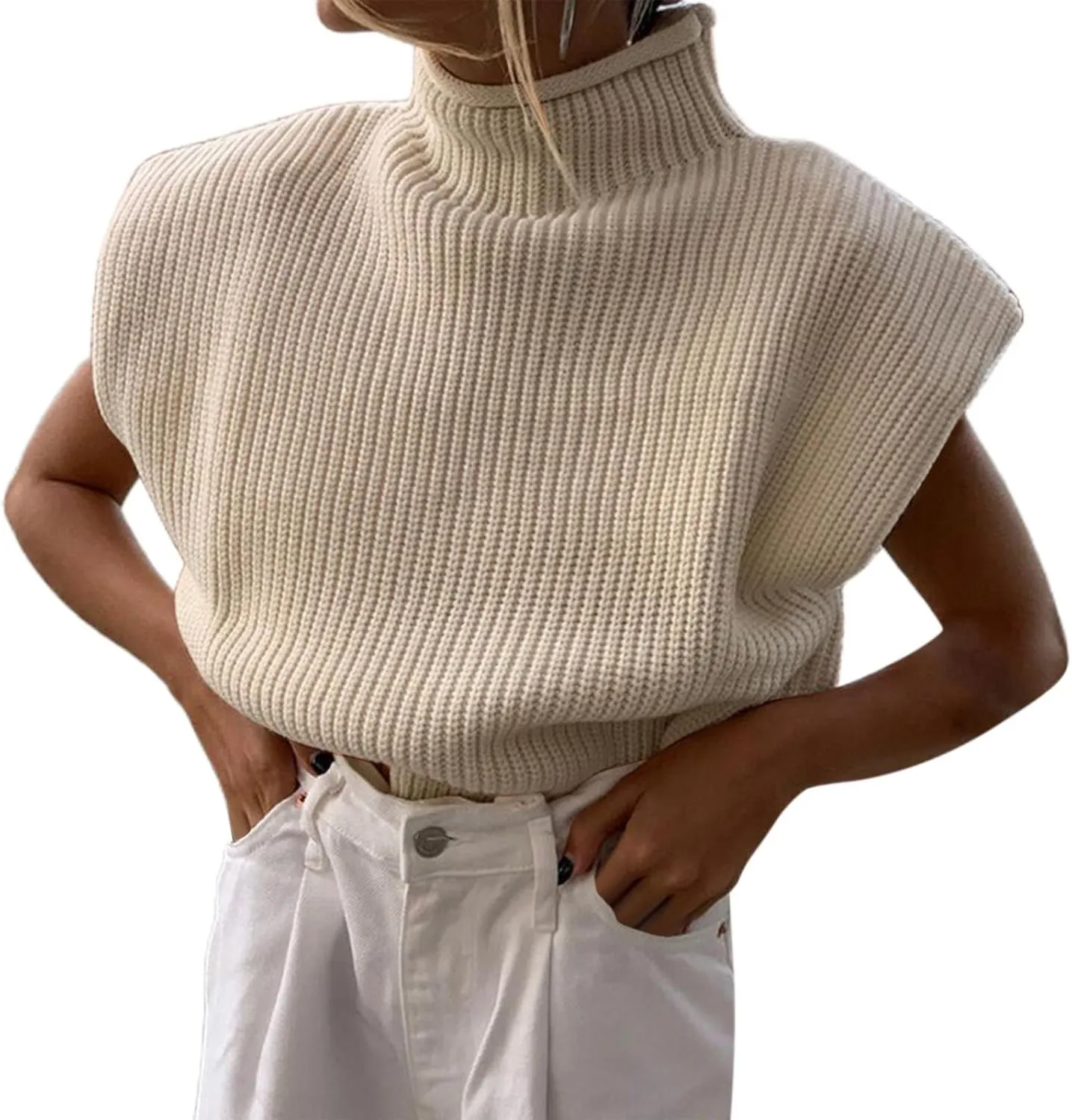 Women's Casual Solid Color Sleeveless High Neck Pullover Sweaters Autumn Winter Soft Cozy Oversize Loose Fit Knit Sweatshirts