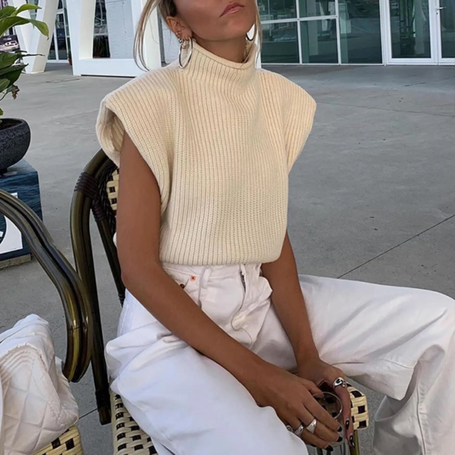 Women's Casual Solid Color Sleeveless High Neck Pullover Sweaters Autumn Winter Soft Cozy Oversize Loose Fit Knit Sweatshirts