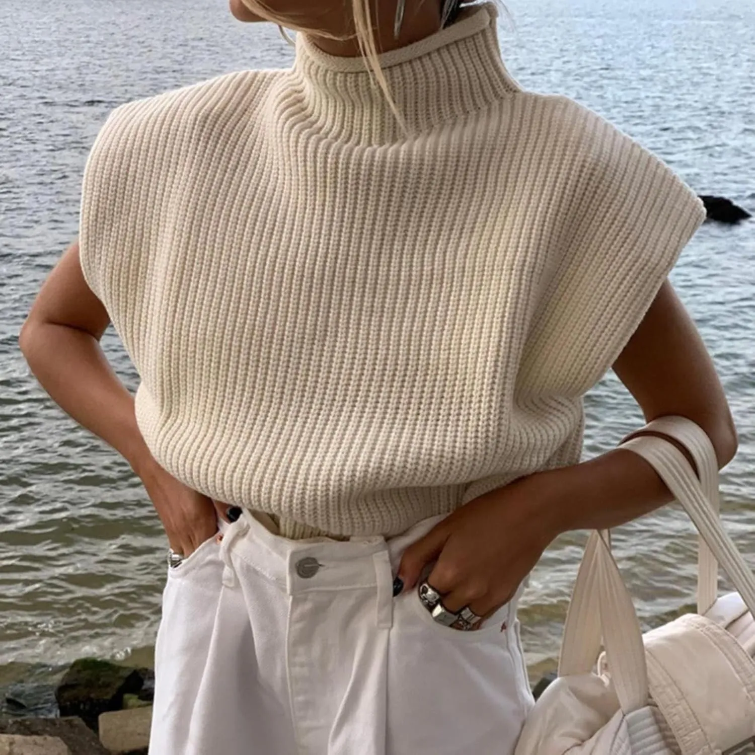 Women's Casual Solid Color Sleeveless High Neck Pullover Sweaters Autumn Winter Soft Cozy Oversize Loose Fit Knit Sweatshirts