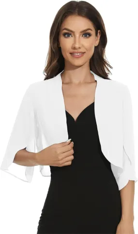 Womens Chiffon 3/4 Sleeve Shrugs Lightweight Open Front Cropped Cardigan for Dress