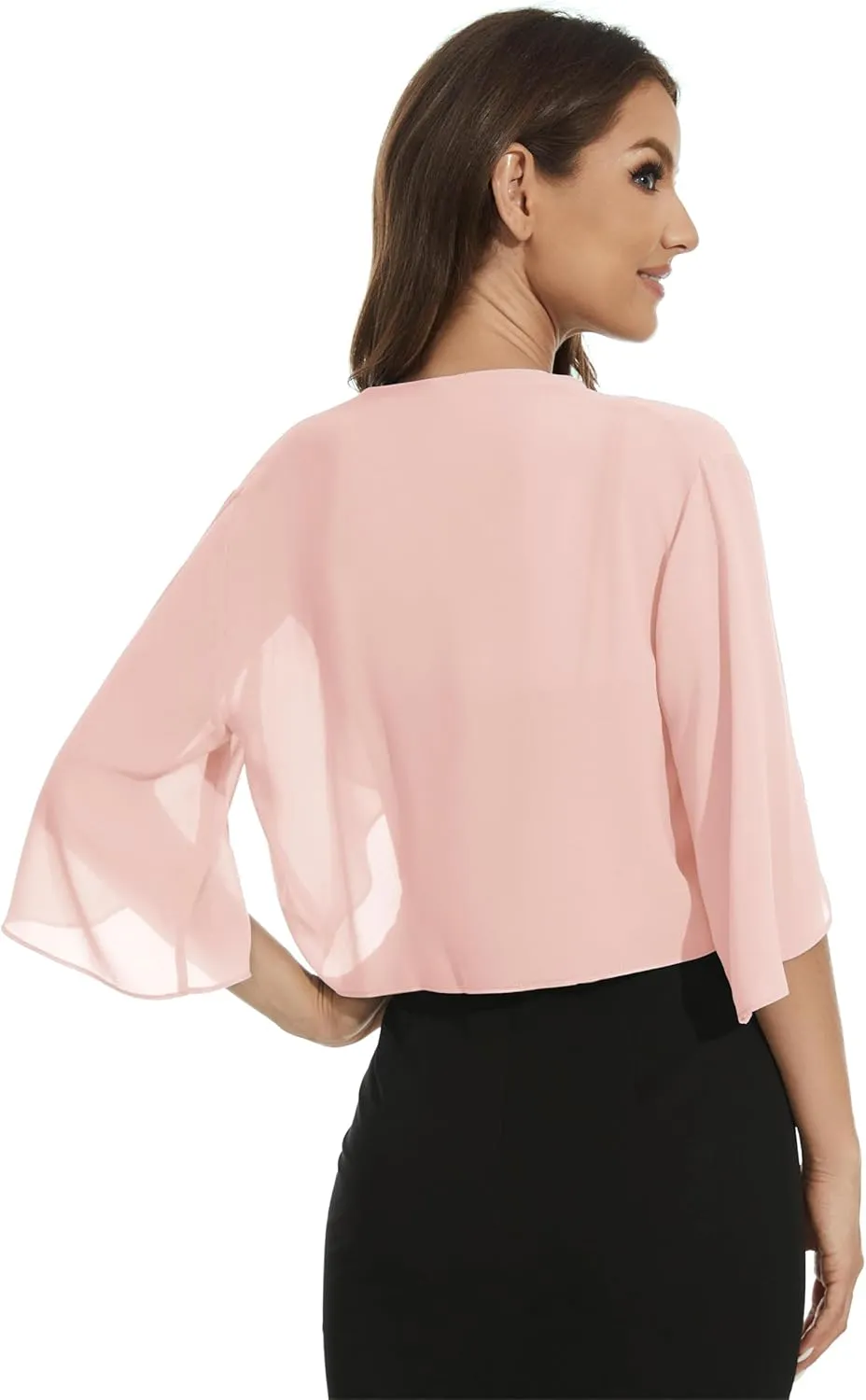 Womens Chiffon 3/4 Sleeve Shrugs Lightweight Open Front Cropped Cardigan for Dress